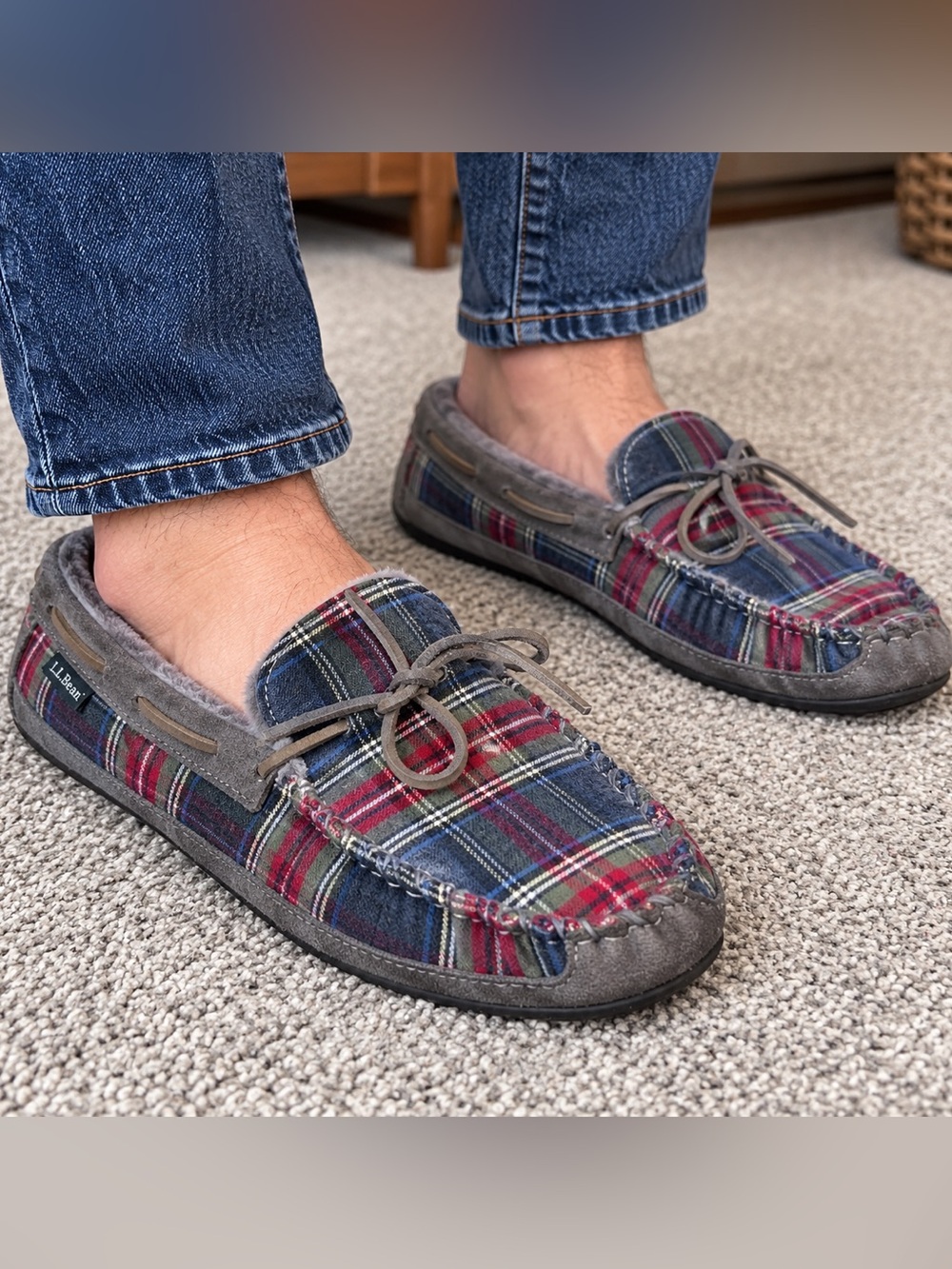L.L.Bean Wicked Good Moccasins Shearling Slippers Flannel Plaid Men’s 10